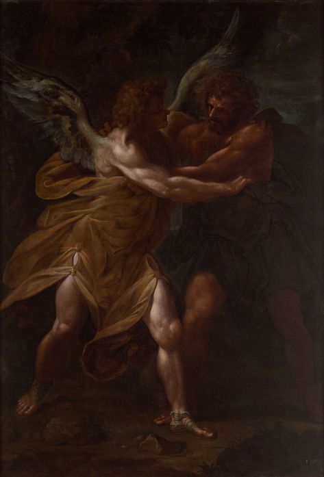 Jacob Wrestling with the Angel (early 1620s) by Cristoforo Roncalli - Public Domain Bible Painting Jacob Wrestling With The Angel, Wrestling With The Angel, Jacob Bible, Bible Paintings, Peace Offering, Bible Painting, Biblical Paintings, Name Paintings, Brothers Art