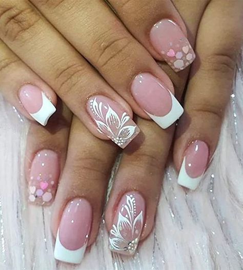 Full Hand Nail Art Design, French Tip Pink, Pink White Nails, Pink French Nails, Nails Medium Length, Square Press On Nails, Elegant Nail Art, Flower Nail Designs, Floral Nail Art