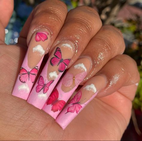 Long Acrylic Nail Designs Butterfly, Light Pink Nails With Butterfly, Pink And White Nails Butterfly, Pink Butterfly Nails Coffin, Butterfly Sticker Nails, Long Pink Butterfly Nails, Fantasy Nails, Hippie Nails, Punk Nails