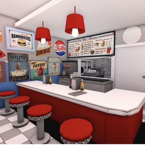 How To Make A Cash Register In Bloxburg, Mcdonalds Exterior Bloxburg, Bloxburg Restaurant Kitchen Ideas, Retro Cafe Bloxburg, Bloxburg Food Stand Ideas, Retro Bloxburg Room, Diner Bloxburg Codes, Bloxburg Diner Menu Decals, Bloxburg Fast Food Build Ideas