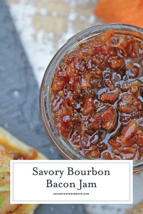 My Bourbon Bacon Jam Recipe will change the way you see jam. This jam is sweet and savory and also happens to be the most versatile condiment around.   #bourbon #bacon #baconjam  www.savoryexperiments.com via @savorycooking Bourbon Bacon Jam Recipe, Bourbon Bacon Jam, Bacon Marmalade, Bacon Jam Recipe, Bourbon Bacon, Jam Recipes Homemade, Homemade Jelly, Christmas Basket, Bacon Jam