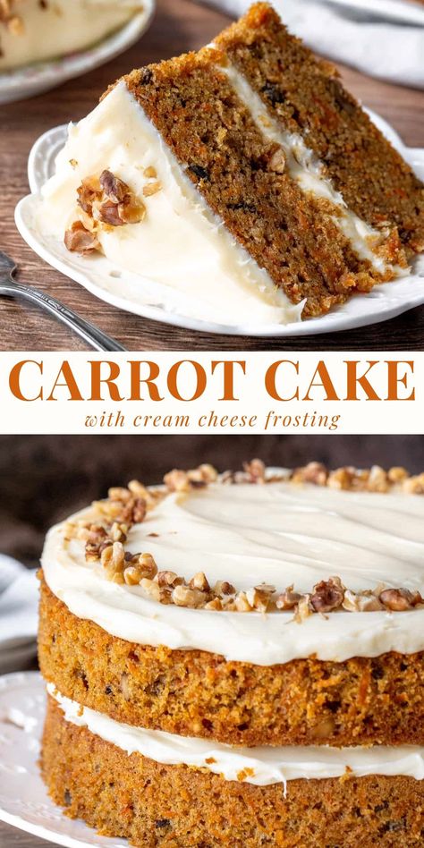 This delicious carrot cake is the perfect Easter dessert. It's incredibly moist with warm spices for the perfect carrot cake flavor. Then it's frosted with tangy cream cheese frosting #carrotcake #layercake #easterdessert #recipe from Just So Tasty https://www.justsotasty.com/carrot-cake-layer-cake-version-with-cream-cheese-frosting/ Creamy Frosting, Shredded Carrots, Best Carrot Cake, Carrot Cake Recipe, Cake With Cream Cheese, Moist Cakes, Crowd Pleaser, Savoury Cake, Food Cakes