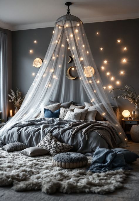 Boho Witchy Bedroom Bedroom Moon Decor, Modern Witchy Bedroom, Moon Bedroom Ideas, Mystical Bedroom Ideas, Bedroom Ideas Canopy Bed, Canopy Bedroom Ideas, Mystical Room, Moon Room Decor, Boho Witchy Bedroom