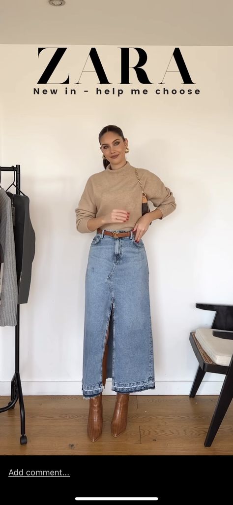 Midi Denim Skirt Fall Outfit, Skirt Jeans Outfit Winter, Long Jean Skirt With Sweater, Chic Denim Skirt Outfit, Night In The City Outfit, Demin Skirt Outfit Ideas, Denim Skirt Brown Boots Outfit, Denim Skirt Sweater Outfit, Denim Skirt Outfit Midsize