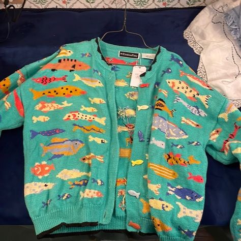 Vintage Christine Foley Fish Sweater Fish Clothes, Fish Outfit, Funky Sweaters, Silly Outfits, Fish Sweater, Weird Clothes, Quirky Clothes, Funky Clothing, Quirky Clothing