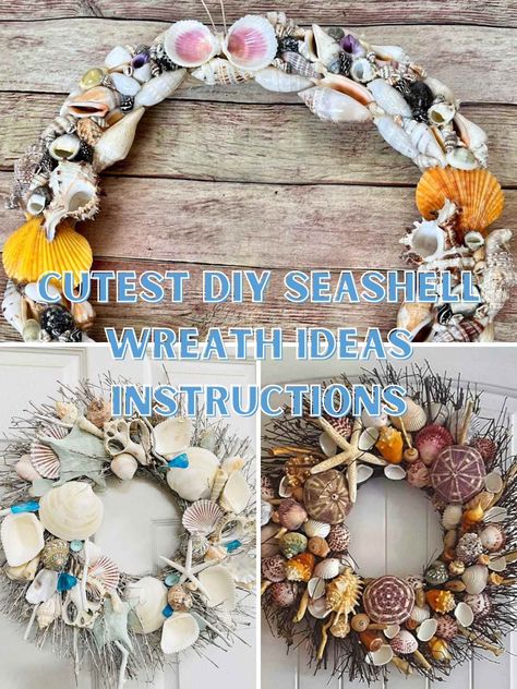 Cutest DIY Seashell Wreath Ideas & Instructions - Pink Pop Design How To Make A Seashell Wreath, Sea Shell Wreath Ideas Diy, Diy Seashell Wreath, Starfish Wreath Form Ideas, Diy Shell Wreath, Sea Shell Wreaths Ideas, Seashell Wreath Diy, Shell Wreath Diy Seashells, Seashell Projects Diy