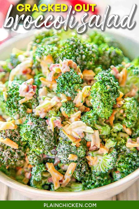 Cracked Out Broccoli Salad - A great make-ahead side dish with only 4 ingredients! Fresh broccoli florets tossed with cheddar, bacon, and ranch. Even broccoli haters love this quick side dish! Great for summer potlucks. Can make ahead and refrigerate until ready to serve. Gluten-free, low-carb & keto-friendly! #lowcarb #glutenfree #keto #broccoli #cheese #bacon #ranch Vegetarian Bacon, Cracked Out, Salad Kale, Broccoli Salad Bacon, Summer Potluck, Ranch Salad, Quick Side Dishes, Broccoli Salad Recipe, Plain Chicken