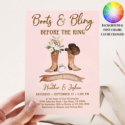 Boots and Bling Cowboy Boots Couples Shower Invitation, Rustic Country Western Bridal Shower Invite BLUSH PINK floral flowers PRINTABLE EDITABLE DIGITAL TEMPLATE 172 C 💥 DEMO LINK - TRY BEFORE YOU BUY! 💥 Copy and paste this link into your web browser: https://www.corjl.com/d/O9NIJ This is an editable invitation that YOU personalize and edit through Corjl.com What is CORJL? Our fully customizable template editor that allows you to personalize your invitation directly in your web browser or mobile device (text only). No software to install or fonts to download. 🚫Do not log in with Apple ID, as this will cause problems receiving the file/s. Use your current email address. _ _ _ _ _ _ _ _ _ _ _ _ WHAT YOU GET ✔ 5x7" Digital template - Final design can be saved as a single JPG, PDF, or a 'Pr Bling Cowboy Boots, Western Bridal Showers, Flowers Template, Couples Shower Invitation, Couples Shower Invitations, Mailing Envelopes, Couple Shower, Flower Printable, Flower Template