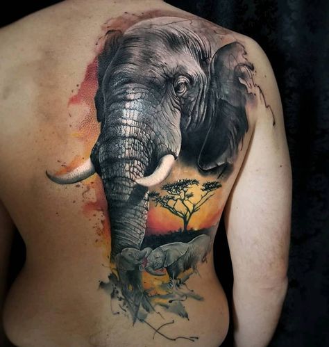 Africa Tattoos, Phoenix Tattoos, Wolf Tattoo Sleeve, Model Tattoo, Elephant Tattoo Design, Elephants Photos, Wicked Tattoos, Back Tattoos For Guys, Chest Piece Tattoos