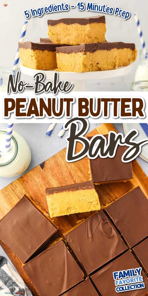 These no-bake peanut butter bars are the ultimate easy treat! Ready in just 15 minutes, they’re topped with a rich, creamy chocolate layer that makes them absolutely irresistible. Perfect for when you want a quick and satisfying dessert without any baking. #CheerfulCook #NoBakeDesserts #PeanutButterLovers #EasyTreats #QuickDesserts #SimpleRecipes ♡ cheerfulcook.com Easy Deserts With Stuff At Home, No Bake Baking Recipes, Frosted Peanut Butter Bars, Pb Desserts Easy, Quick Delicious Desserts Simple, Easy Room Temperature Desserts, Peanut Butter Buddy Bars, No Bake Pb Bars, Easy At Home Desserts 3 Ingredients