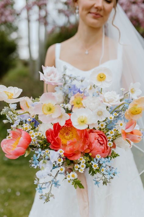 Poppy And Peony Bouquet, Arbor Florals Wedding, Hydrangea Wildflower Bouquet, Hand Tied Wedding Bouquet, Colourful Bouquet Wedding, Poppies Wedding Bouquet, Poppy Wedding Flowers, Poppy Bridal Bouquet, Poppy Wedding Bouquet