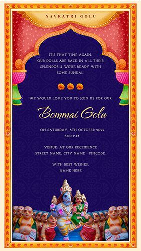 Navratri Golu Invitation | Bommai Golu - Kolu Invite for WhatsApp Navratri Invitation, Bachelorette Party Cocktails, Navaratri Golu, Ganpati Invitation Card, Navratri Poster, Caricature Wedding Invitations, Invitation Card Maker, Cradle Ceremony, Barbeque Party