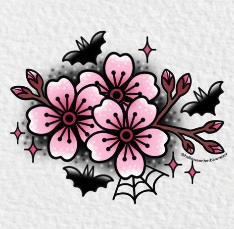 Colorful Goth Tattoo, Neo Traditional Flash Art, Tattoo Art Portfolio, Pink Traditional Tattoo, American Trad Flower, Goth Flower Tattoo, Halloween Tattoo Ideas Small, Tattoo Portfolio Ideas, Small American Traditional Tattoo