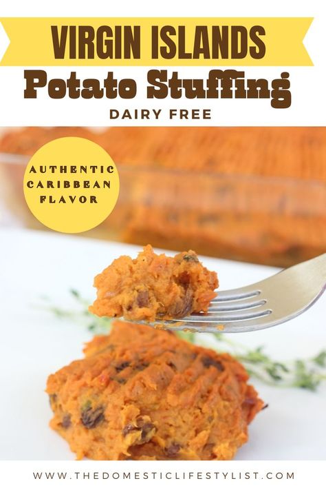 virgin islands potato stuffing on fork Stuffing With Raisins, Sweet Potato Stuffing, Potato Stuffing, Recipe Sweet Potato, Raisin Recipes, Virgin Island, Scotch Bonnet Pepper, All Purpose Seasoning, Side Dishes Recipes