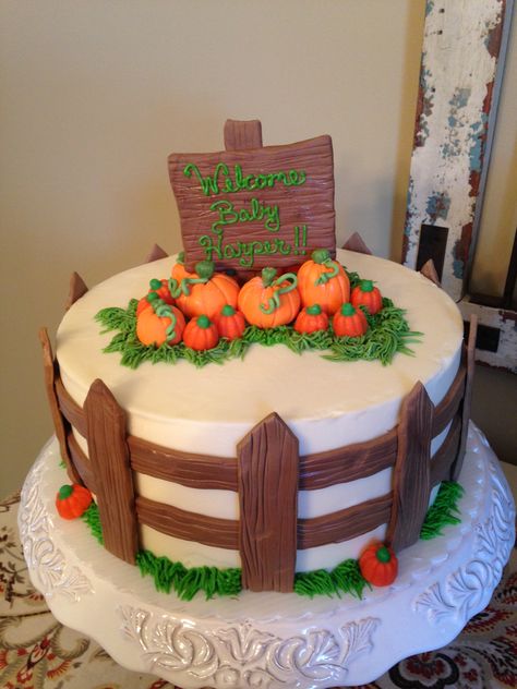 Pumpkin Patch Baby Shower Cake Lil Pumpkin Baby Shower Cake, Fall Baby Shower Cake, Pumpkin Patch Cake, Fall Birthday Cakes, Baby Shower Sheet Cakes, Lil Pumpkin Baby Shower, Halloween Pumpkin Cake, Pumpkin Patch Birthday, Pumpkin Patch Party