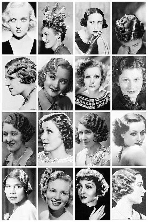 1930’s Hairstyles A collection of 1930’s photographs, depicting some of the hairstyles of the time, like the perm, softwave bob and the coxcomb curls, and one lady even sporting a boat ornament on her... Decade Hairstyles, 1930 Hairstyles, 1930s Makeup, 50s Hair, Annie Jr, 1930s Hair, Lost Village, 1920's Fashion, Era Fashion