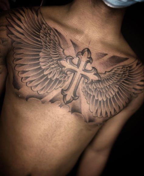 Wings Tattoo For Men, Chest Tattoo Wings, Chest Tattoo Lettering, Chest Tattoo Men Ideas, Tattoo Peito, Cross With Wings Tattoo, Tattoo Men Ideas, Chest Tattoos For Men, Wing Tattoo Men