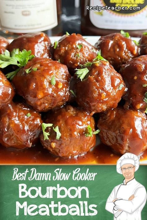 Frozen meatballs are slow cooked in a flavorful honey bbq and bourbon sauce that is sweet, savory, smoky and unbelievable. These are perfect for your next family gathering or event. Great for game time too! Bourbon Meatballs Crockpot, Meatballs Slow Cooker, Slow Cooker Cocktail Meatballs, Recipe Teacher, Booze Recipes, Bourbon Meatballs, Delicious Meatballs, Meatball Appetizer Recipe, Best Bourbon