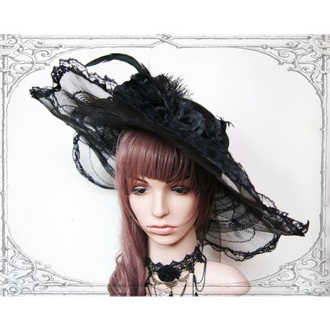 Edwardian lace hat Goth Gothic, Victorian, Vintage Style ) ($68) ❤ liked on Polyvore featuring accessories, hats, wide brim hat, lace hat, black wide brim hat, victorian hat and vintage style hats Cunning Woman, Atlas Core, Goth Hats, Masquerade Ball Aesthetic, Gothic Hats, Modern Victorian Fashion, Goth Hat, 1800s Dresses, Witchy Wardrobe