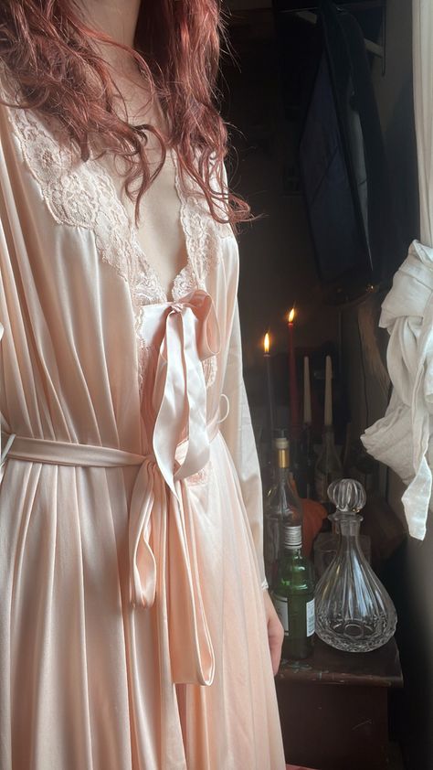 #coquette #nightgown #pink #silk Pink Nightgown Aesthetic, Silk Nightgown Aesthetic, Coquette Nightgown, Nightgown Aesthetic, Nightgown Romantic, Goth Academia, Victorian Nightgown, Pink Nightgown, Girls Nightgown