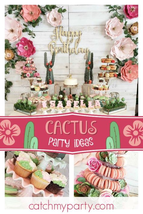 Take a look at this wonderful boho themed cactus 1st birthday party! The paper flower bacdrop is stunning! See more party ideas and share yours at CatchMyParty.com #catchmyparty #partyideas #cactusparty #bohoparty #girl1stbirthdayparty Pastel Cactus Party, Boho Fiesta Party, Desert Party Theme, Succulent Party Theme, Cactus Theme Birthday, Boho Graduation, Cactus Party Decor, Desert Party, Bday Themes