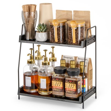 PRICES MAY VARY. PERFECT COFFEE BAR ORGANIZER: Elevate your coffee setup with our 2-tier carefully crafted coffee bar accessories organizer and storage. Perfect for neatly arranging all coffee essentials in one stylish space. Wooden shelves paired with iron racks seamlessly merge natural rustic and industrial style. Ideal for both casual coffee lovers and skilled baristas, providing a backdrop for your brewing creativity. SIMPLE ASSEMBLY AND STABLE STRUCTURE: No more complex setups or wobbly rac Wooden Kitchen Counter, Kitchen Counter Shelf, Condiment Storage, Coffee Bar Accessories, Counter Shelf, Coffee Organization, Countertop Shelf, Coin Café, Coffee Bar Station