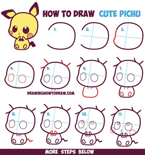 How to Draw Cute / Kawaii / Chibi Pichu from Pokemon in Easy Step by Step Drawing Tutorial for Kids and Beginners Animals Step By Step, Chibi Pokemon, Uppfostra Barn, Pichu Pokemon, Hair Drawings, How To Draw Cute, Easy Step By Step Drawing, Easy Drawings For Beginners, How To Draw Steps