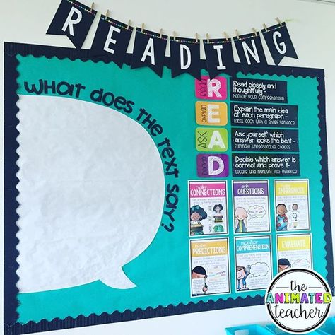 Reading bulletin board remodel! I'm going to use the text speech bubble several… Elar Bulletin Board Ideas, Reading And Writing Bulletin Board Ideas, Ela Bulletin Board Ideas, Anchor Chart Bulletin Board, Language Arts Bulletin Boards, Ela Bulletin Boards, Objectives Board, Reading Bulletin Board, Black Borders