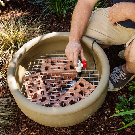 Make your own adorable watering can fountain | Better Homes and Gardens Hummingbird Fountain Bath, Watering Can Fountain, Solar Fountain Bird Bath, Hummingbird Fountain, Patio Water Fountain, Fountain Decor, Solar Water Feature, Solar Bird Bath, Patio Fountain