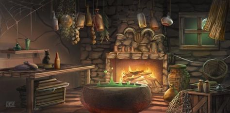 Witch hut by lukkar on DeviantArt Witch Concept Art, Witch Concept, Original Fairy Tales, Interior Concept Art, Witch Hut, Book Illustration Layout, Scene Room, Group Art Projects, Witch Room