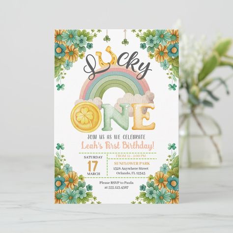 Lucky One Rainbow Sunflower First Birthday Invitation Lucky One Birthday Party Girl, March 1st Birthday Ideas Girl, March First Birthday, Lucky One First Birthday Girl, Lucky One Birthday Party, Sunflower First Birthday, Rainbow Sunflower, 1st Birthday Invitation Template, Rainbow Birthday Invitations