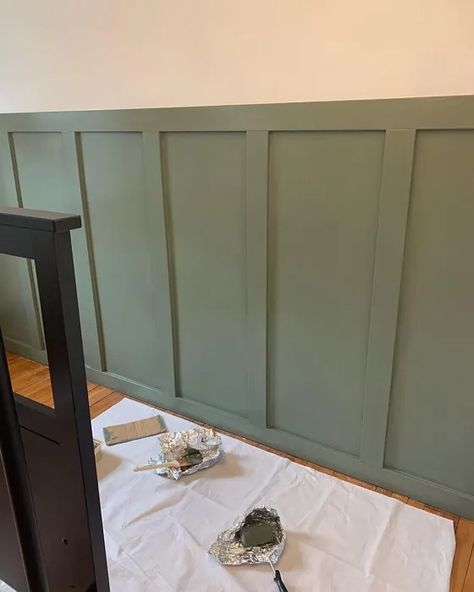 Behr Conifer Green PPU10-19 accent wall panelling Behr Conifer Green Paint, Conifer Green Paint, Behr Conifer Green Bedroom, Wood Paneling Painted Green, Half Wall Trim Ideas, Olive Green Wall Panelling, Conifer Green Behr Paint, Green Accent Wall In Nursery, Green Beadboard Nursery