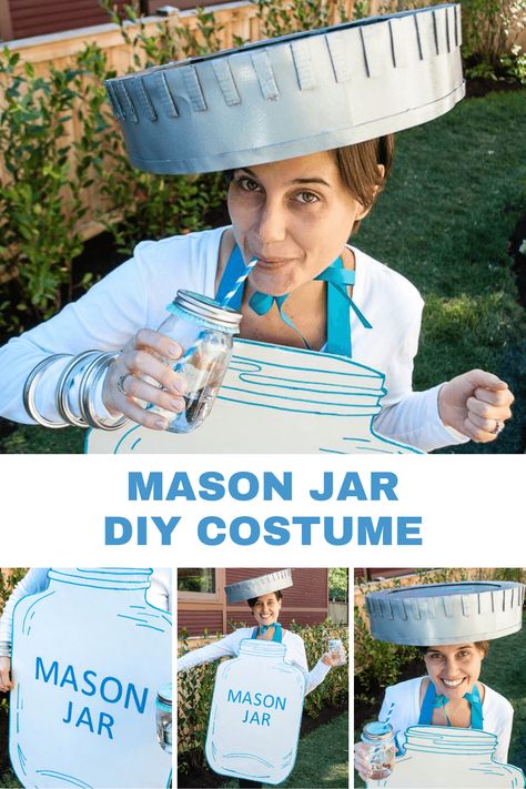 Looking for a creative DIY Halloween costumes ideas for women? Make this easy and cheap mason jar with lid costume! It's a simple Halloween costume for women plus size or regular size, and it's comfortable to wear. Creative Diy Halloween Costumes, Mason Jar Halloween, Simple Halloween Costume, Lids Hat, Halloween Costume For Women, Creative Halloween Costumes Diy, Halloween Mason Jars, Easy Costume, Hat Diy