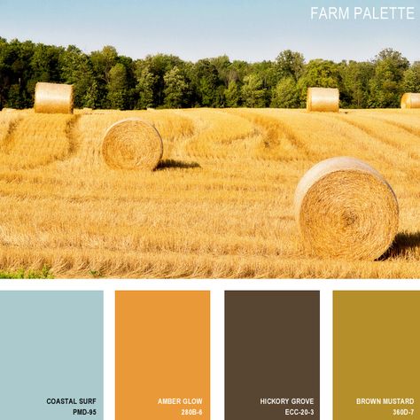 11 Beautiful Color Palettes Inspired By Nature — Farm Palette (all paint is Behr) [Amber Glow???] Beautiful Color Palettes, Color Combinations Paint, Perfect Paint Color, Nature Color Palette, Color Balance, Colour Board, Colour Palettes, Color Stories, Mellow Yellow