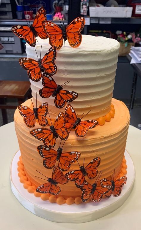 Orange Birthday Cake, Wedding Decorations Diy Centerpiece, Butterfly Birthday Cakes, Tiered Cakes Birthday, Orange Birthday, 16 Cake, Sweet 16 Cakes, Elegant Birthday Cakes, Butterfly Cake