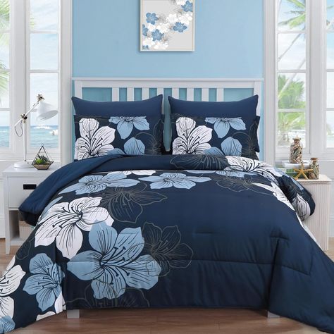 Amazon.com: Luxudecor Floral California King Size Comforter Set, 7 Pieces Blue Floral Bed in a Bag Comforter and Sheet Set, Soft Microfiber Cal King Complete Bedding Sets for All Seasons 104"×96" : Home & Kitchen Navy Blue And Cream Bedroom, Cobalt Blue Bedroom, Blue Floral Comforter, Navy Blue Comforter, King Size Comforter Sets, Complete Bedding Set, Floral Comforter Sets, Blue Comforter Sets, Blue Bedding Sets