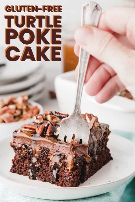 This chocolate turtle poke cake recipe could not be easier! Start with gluten-free chocolate cake mix, then add layers of caramel, chocolate, and pecans! #glutenfreepokecake #chocolatepokecake #chocolateturtlepokecake Gluten Free Turtle Cake, Gluten Free Poke Cake Recipes, Gluten Free Poke Cake, Turtle Poke Cake Recipe, Chocolate Turtle Poke Cake, Turtle Poke Cake, Salted Caramel Chocolate Cake, Gluten Free Cake Mixes, Chocolate Turtle