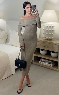 Long Brown Dress Outfit Casual, Long Wool Dress Outfit, Long Knitted Dress Outfit, Winter Dress Outfit Casual, Long Winter Dress Outfit, Gray Dress Outfit, Off Shoulder Knit Dress, Winter Bodycon Dress, Square Neck Dresses