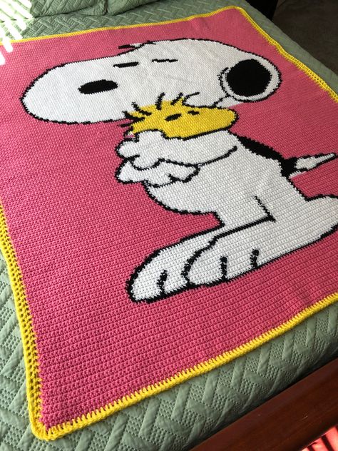 Snoopy crocheted blanket for Ava Crochet Snoopy Sweater Pattern, Disney Crochet Blanket, Crochet Character Blanket, Snoopy Tapestry Crochet, Snoopy Blanket Crochet Pattern Free, Snoopy Crochet Grid, Snoopy Crochet Blanket, Crochet Snoopy Blanket, Crochet Snoopy