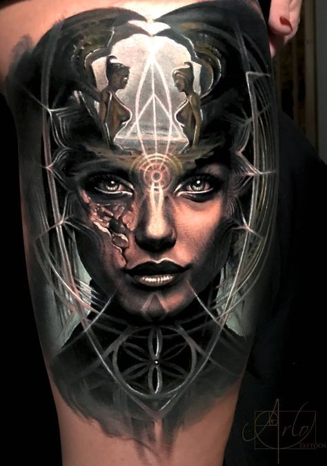 jaw-dropping double exposure tattoo © tattoo artist Arlo DiCristina 💕💕💕💕💕💕 Arlo Tattoo, Arlo Dicristina, Valkyrie Tattoo, Story Tattoo, Egyptian Tattoo Sleeve, Surreal Tattoo, Girl Face Tattoo, Realistic Tattoo Sleeve, Kunst Tattoos