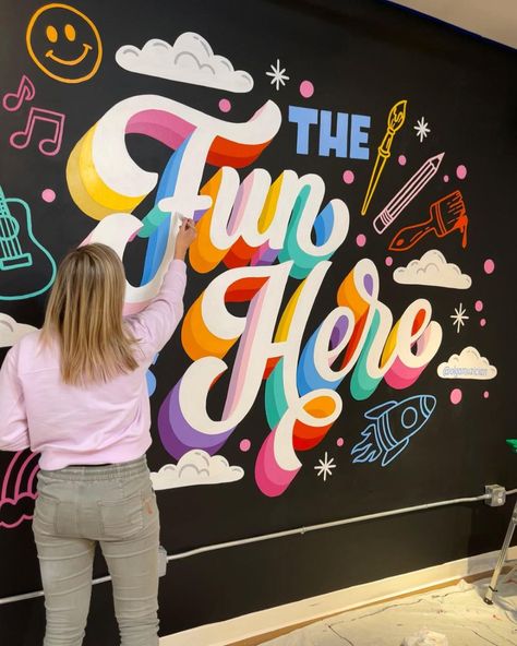 Olga Muzician Studio | Lettering, Murals (@olgamuzician) • Instagram photos and videos Wall Art Text, Elementary School Murals Ideas, Art Room Mural, Elementary School Murals, Text Mural, School Mural Ideas, Studio Mural, Type Mural, Quote Mural