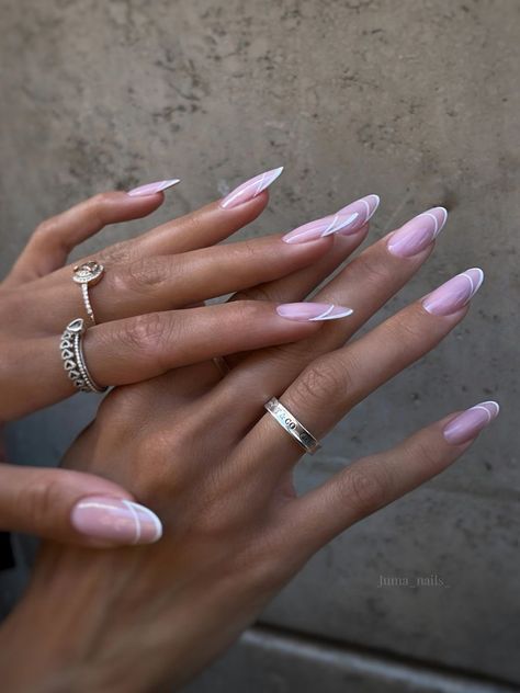 Short Double French Nails, Pink Double French Nails, Nails Double French Tip, Double French Almond Nails, Minimalist Nail Design Simple, Nails Double French, Chic Nails Almond, Almond Nails Designs Summer 2024, Double Line French Tip Nails