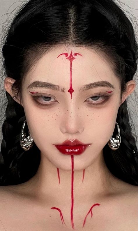 Evil Makeup Looks, Red Face Makeup, Demon Makeup Female, Evil Cheerleader, Cheerleader Makeup, Evil Makeup, Vamp Makeup, Face Markings, Demon Makeup