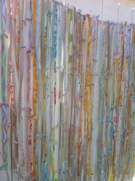 scrappy vintage sheet garland diy - or - scraps of fabric... Ribbon Curtains Diy, Rag Curtains, Ribbon Curtain, Cortinas Boho, Fairy Girls, Curtains Diy, Rainbow Garland, String Curtains, Layered Curtains