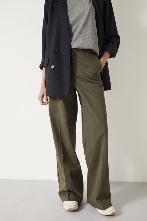 Buy Hush Green Camille Flat Front Cotton Trousers from the Next UK online shop Skater Work Outfit, Minimal Office Outfit, Style Khaki Pants Women, Styling Dark Green Pants, Khakis Outfit For Women, Dark Khaki Pants Outfit, Olive Green Trousers Outfit, Olive Spring Trousers, Trousers Outfit For Women