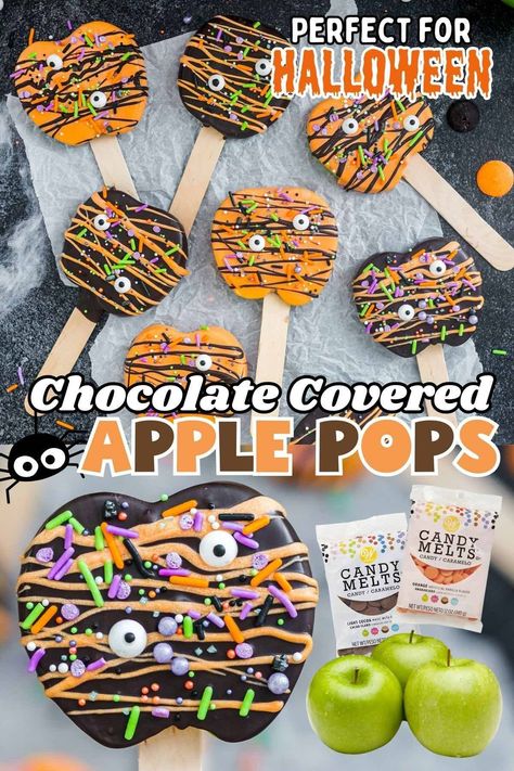 Halloween Chocolate-Covered Apple Pops are a healthier holiday snack on a stick. Featuring fresh apple slices, chocolate, and sprinkles, Halloween crafts are always fun when kids can help dip and decorate their desserts! Chocolate Apple Slice Pops, Halloween Apple Treats, Apple Recipes For Toddlers, Chocolate Halloween Treats, Candied Apples Slices, Chocolate Apple Slices, Chocolate Covered Apples Slices, Caramel Apples Halloween, Apple Pops