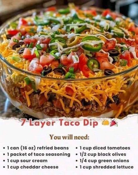 Mediterranean Recipes for Beginners 2024 | Seven-Layer Taco Dip 🌮🎉 | Facebook Seven Layer Taco Dip, 7 Layer Taco Dip, Layered Taco Dip, Lake House Food Ideas, Mexican Kitchens, Lake Food Ideas Summer, Taco Dip, Food Ideas Summer, Lake Food Ideas