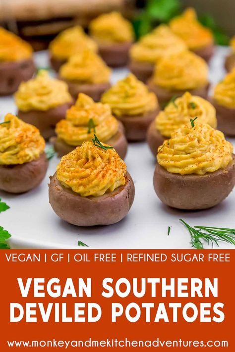 Deviled Potatoes, Southern Deviled Eggs, Monkey And Me Kitchen Adventures, Monkey And Me, Cheap Vegan Meals, Potato Appetizers, Vegan Holiday Recipes, Pickle Butter, Sugar Free Vegan