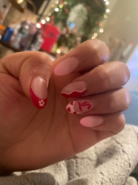 Pink nails
Acrylic nails
Pink and red nails
Almond shaped nails
Valentines inspired nail 
Valentine nail ideas Valentine Inspired Nails, Almond Nails With Initial, Pink French Nails, Nail Decals Diy, Steel Nail Art, Stripped Nails, Inspired Nails, Almond Nail, Nail Stamping Plates