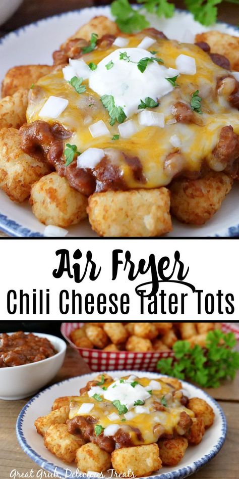 A double photo collage of chili topped tater tots on a white plate. Chili Tater Tots, Loaded Tater Tots Recipe Appetizers, Chili Cheese Tots, Air Fryer Chili, Chili Cheese Tater Tots, Tator Tot Recipe, Loaded Tots, Cheese Tater Tots, Easy Chicken Meals